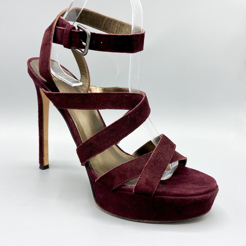 Stuart Weitzman Burgundy Suede Multi-Strap Platform Sandals Size 9.5 Stiletto